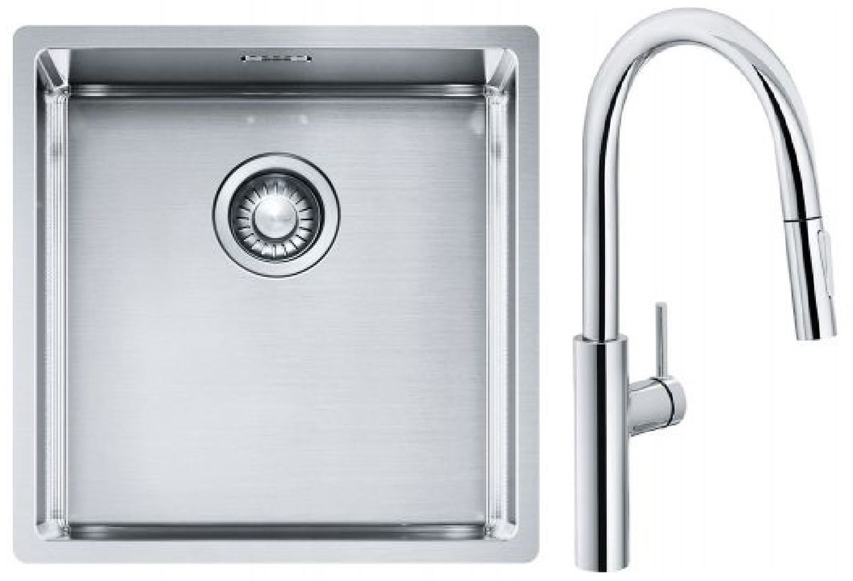 Conjunto grifo de cocina Franke Pescara L Slide-In 115.0538.940, fregadero de acero Franke Box 127.0453.654