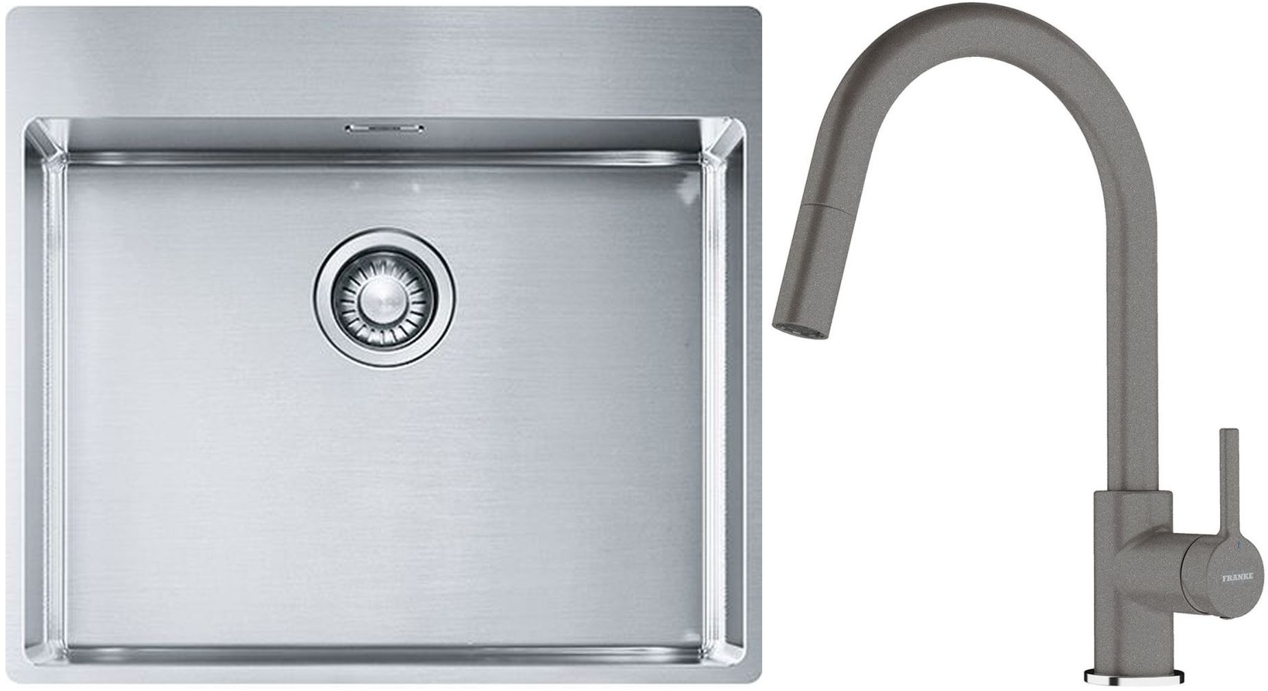 Conjunto fregadero de acero Franke Box 127.0369.295, grifo de cocina Franke Lina 115.0626.057