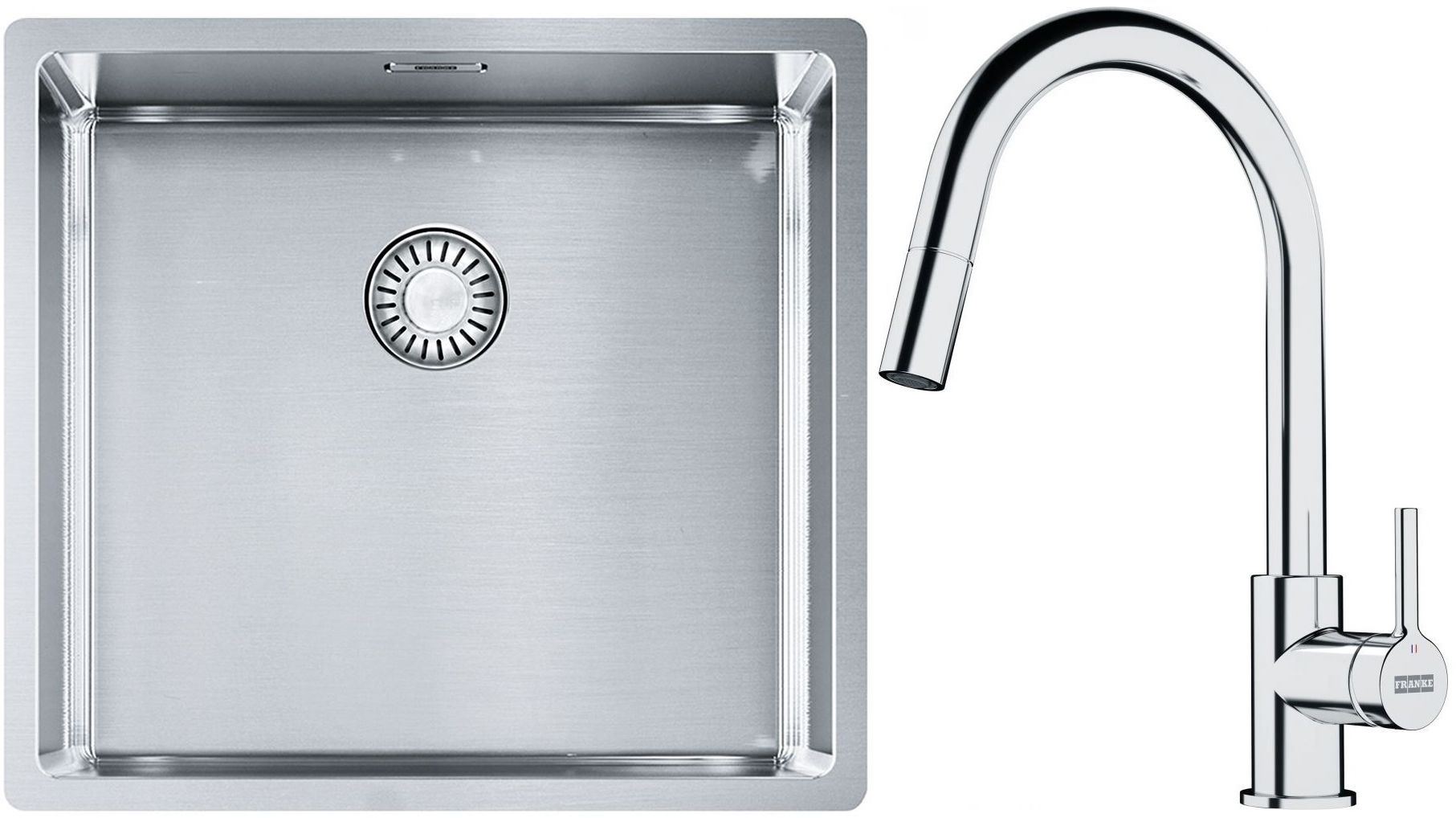 Conjunto fregadero de acero Franke Box 127.0453.655, grifo de cocina Franke Lina 115.0693.229