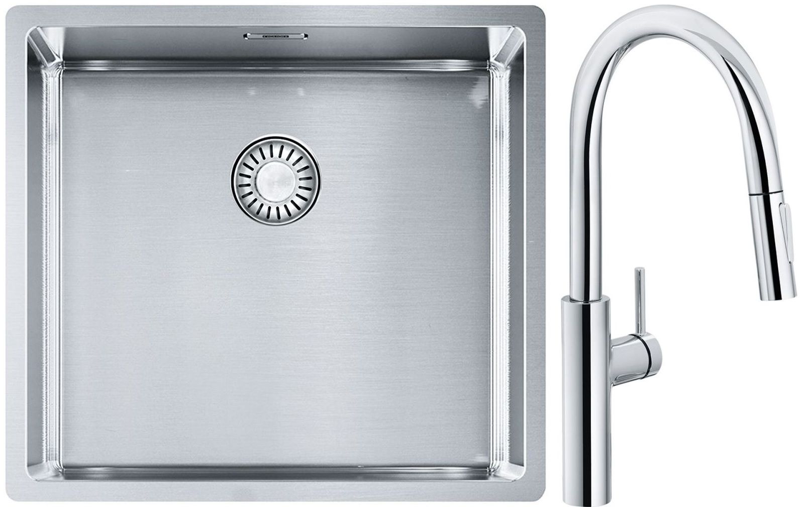 Conjunto grifo de cocina Franke Pescara L Slide-In 115.0538.940, fregadero de acero Franke Box 127.0453.655