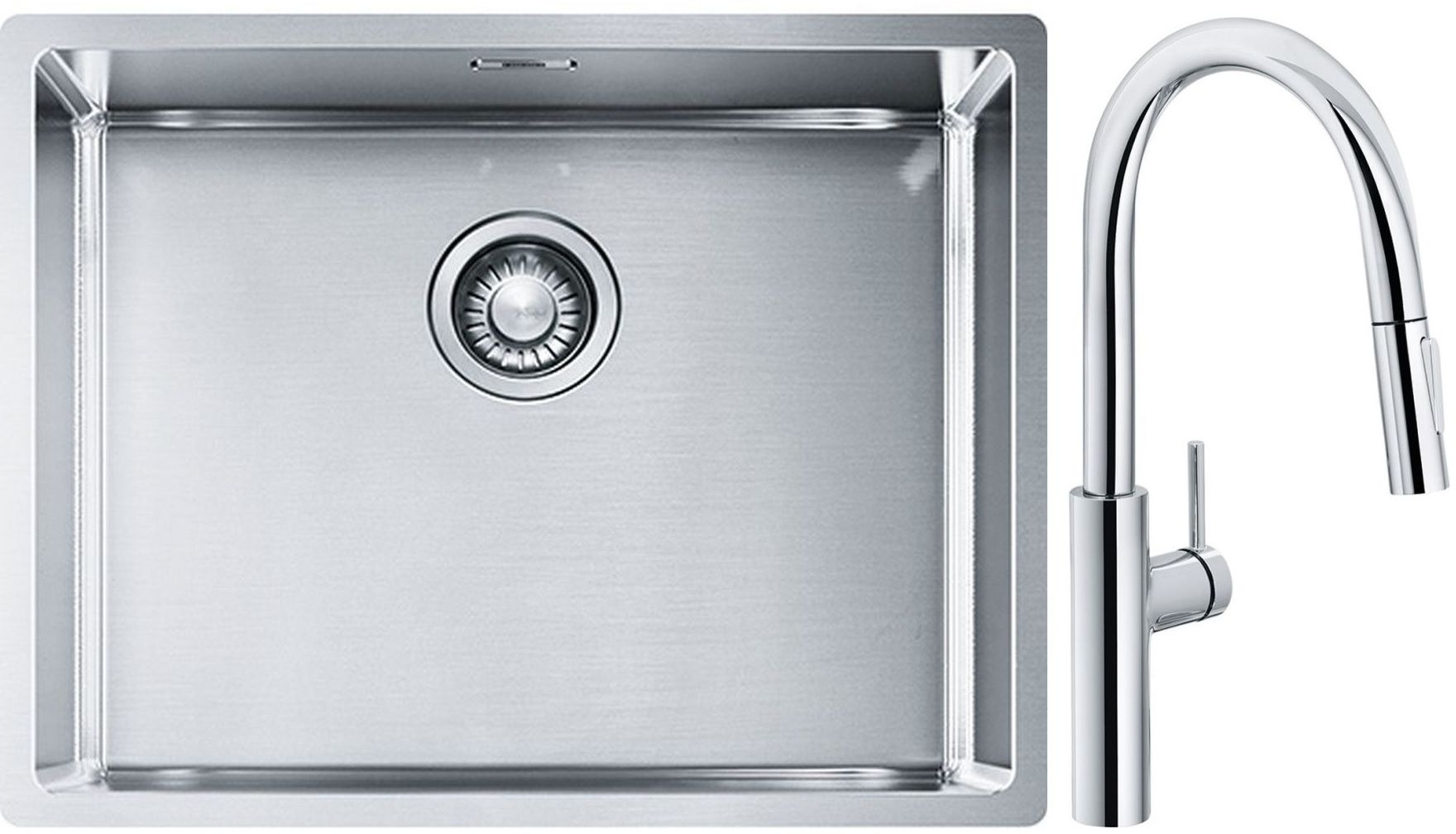 Conjunto fregadero de acero Franke Box 127.0453.660, grifo de cocina Franke Pescara L Slide-In 115.0538.940