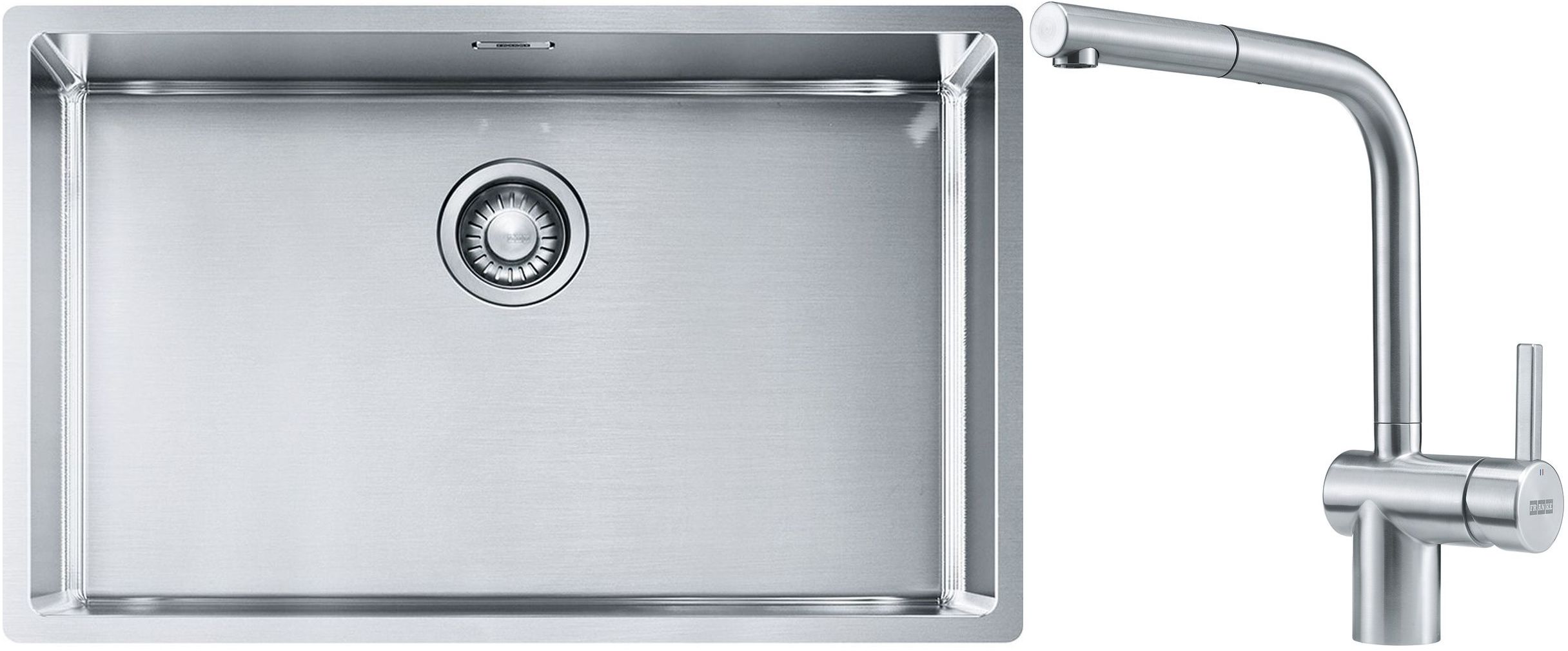 Conjunto fregadero de acero Franke Box 127.0453.658, grifo de cocina Franke Atlas 115.0521.439