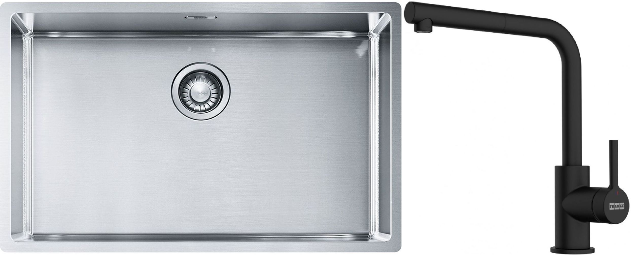 Conjunto fregadero de acero Franke Box 127.0453.658, grifo de cocina Franke Lina 115.0712.435