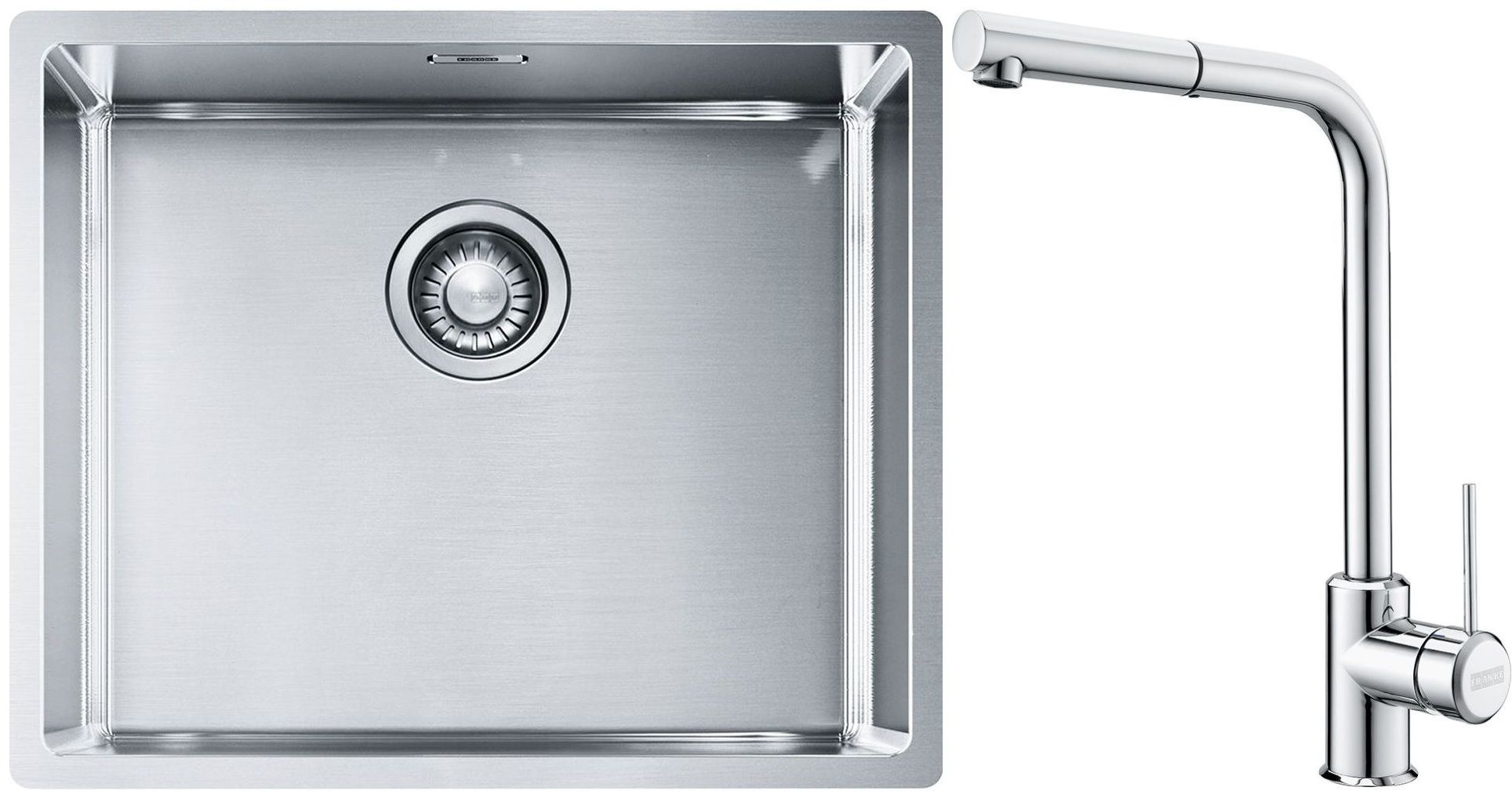 Conjunto fregadero de acero Franke Box 127.0453.656, grifo de cocina Franke Sirius Side 115.0668.280