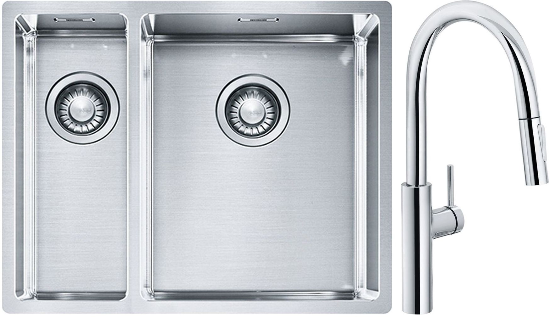 Conjunto fregadero de acero Franke Box 127.0369.916, grifo de cocina Franke Pescara L Slide-In 115.0538.940