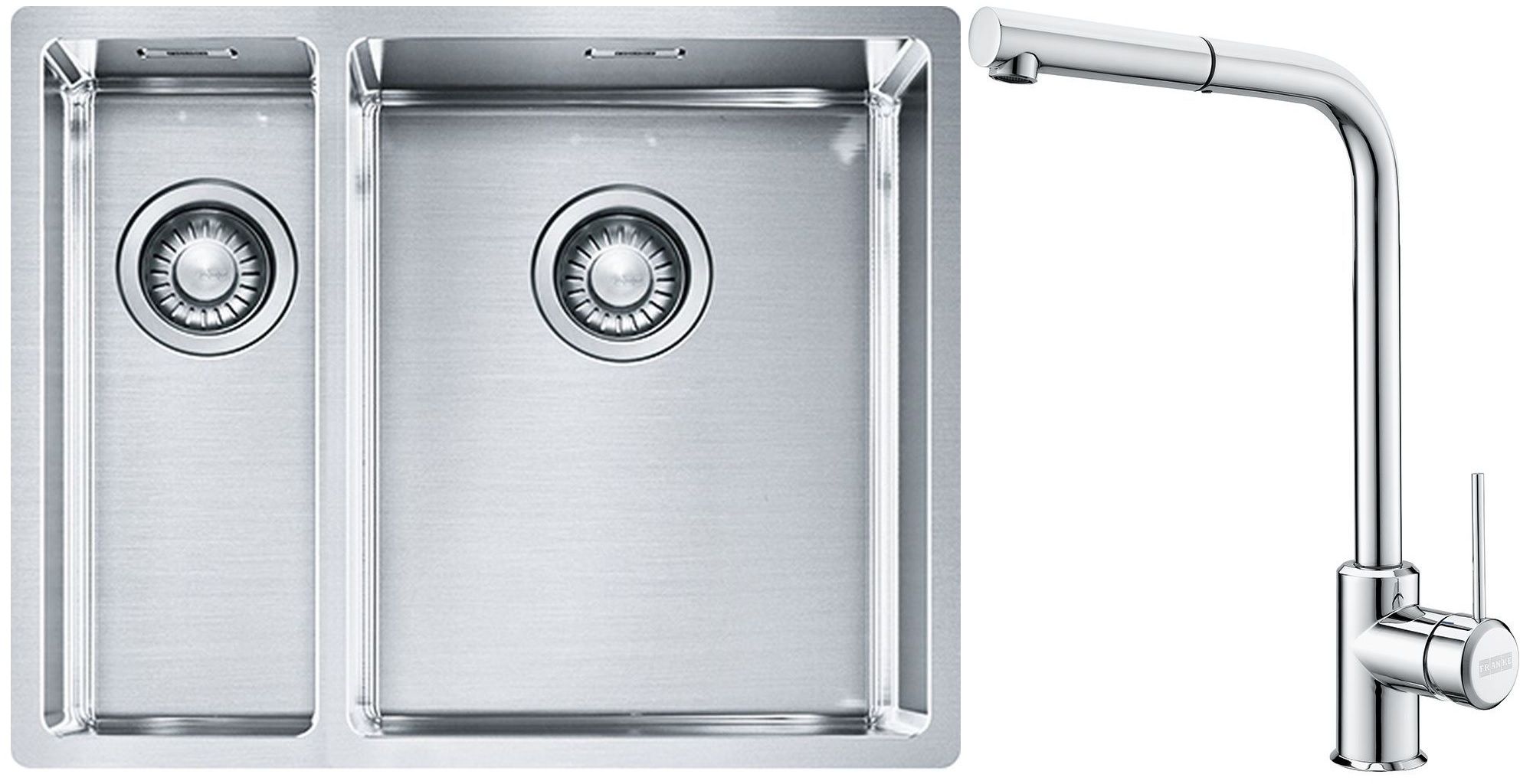 Conjunto fregadero de acero Franke Box 127.0369.916, grifo de cocina Franke Sirius Side 115.0668.280