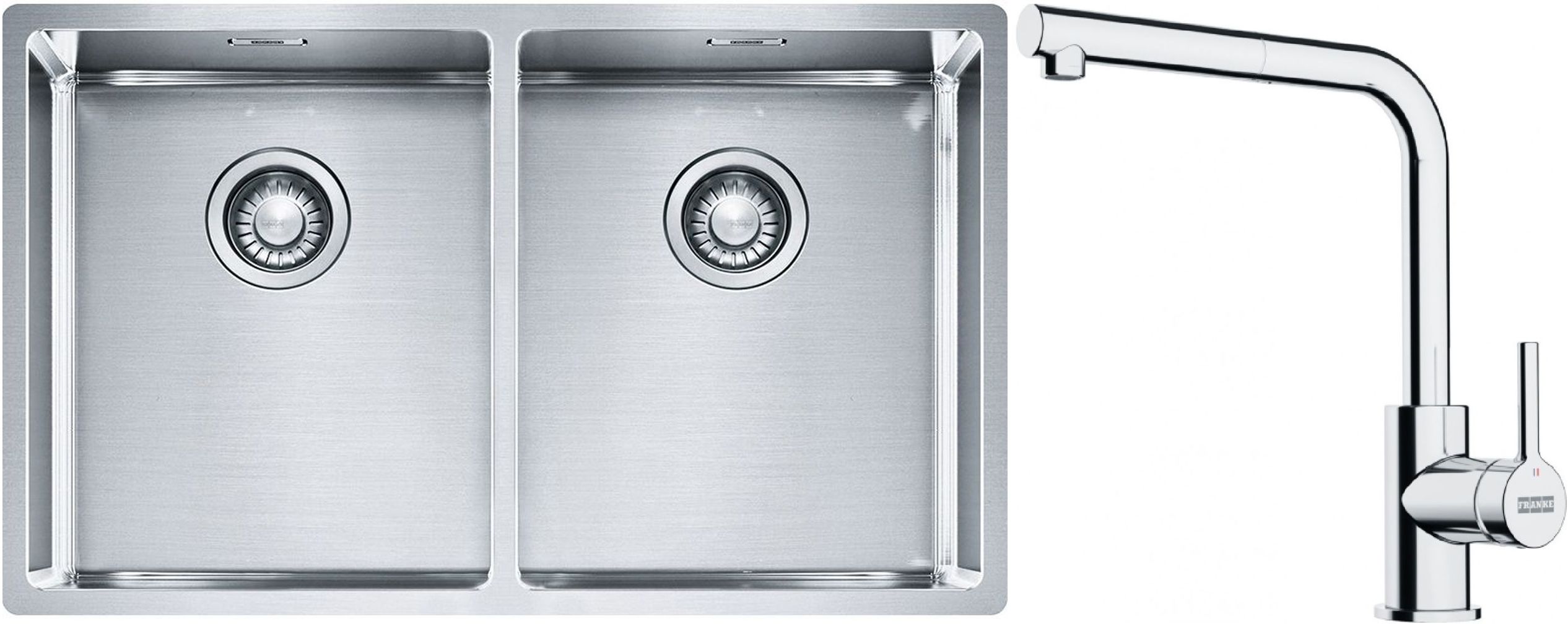 Conjunto fregadero de acero Franke Box 127.0370.188, grifo de cocina Franke Lina 115.0712.420