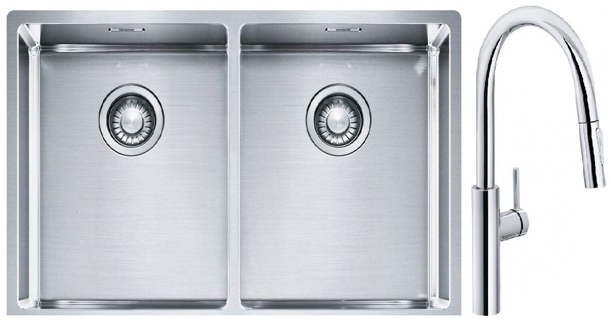 Conjunto fregadero de acero Franke Box 127.0370.188, grifo de cocina Franke Pescara L Slide-In 115.0538.940