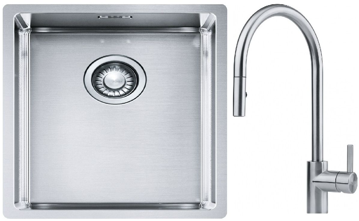Conjunto fregadero de acero Franke Box 127.0453.653, grifo de cocina Franke Eos 115.0590.045