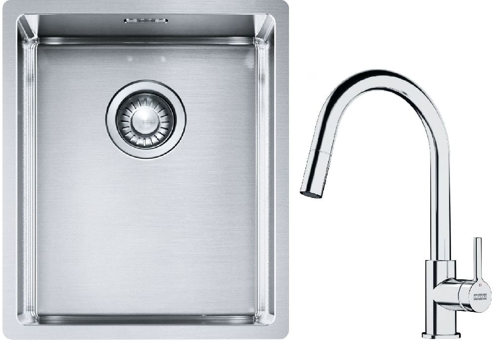Conjunto fregadero de acero Franke Box 127.0453.653, grifo de cocina Franke Lina 115.0693.229