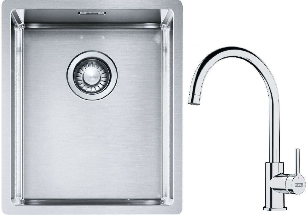 Conjunto fregadero de acero Franke Box 127.0453.653, grifo de cocina Franke Lina 115.0693.228