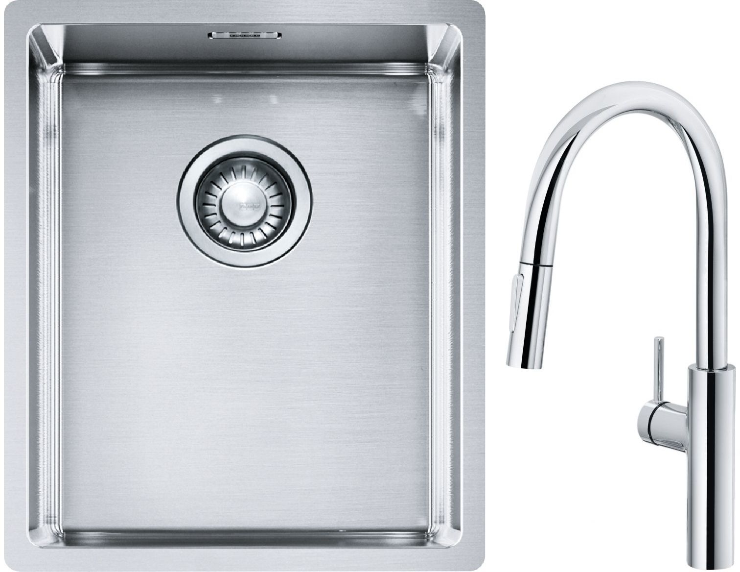 Conjunto grifo de cocina Franke Pescara L Slide-In 115.0538.940, fregadero de acero Franke Box 127.0453.653