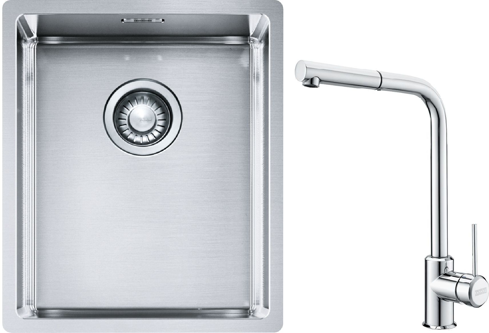 Conjunto fregadero de acero Franke Box 127.0453.653, grifo de cocina Franke Sirius Side 115.0668.280