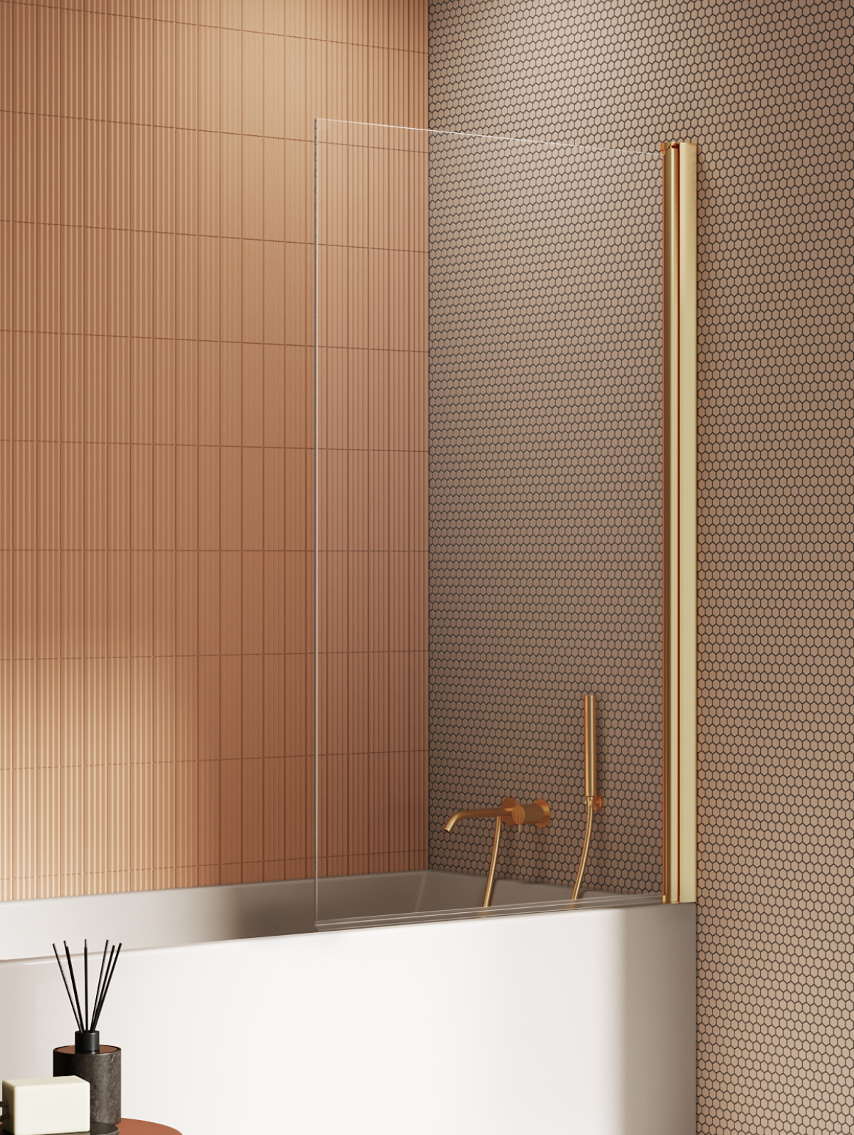 New Trendy New Soleo Gold Brushed mampara de bañera 90 cm una pieza oro cepillado/vidrio transparente P-0172