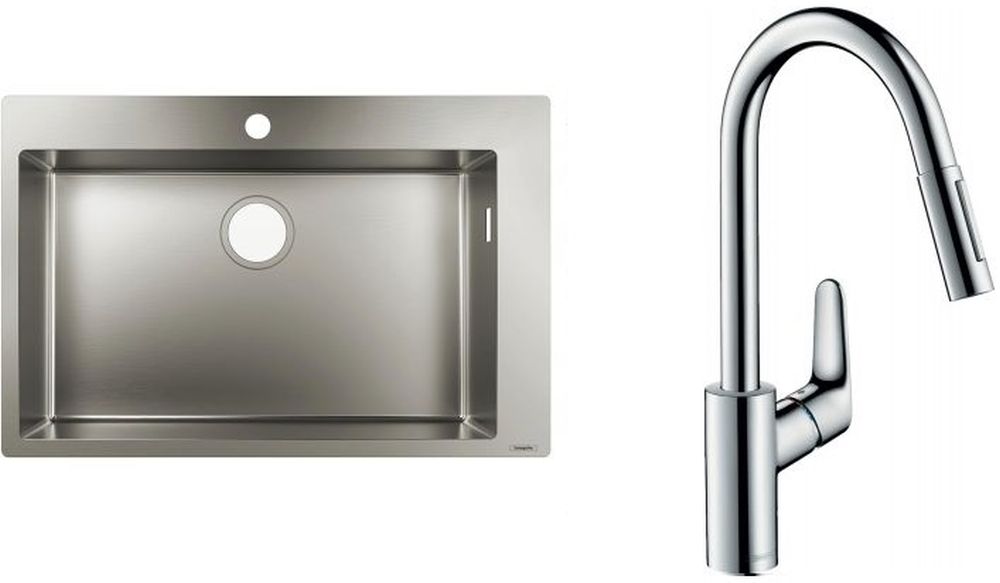 Conjunto fregadero de acero Hansgrohe S 71 43302800, grifo de cocina Hansgrohe Focus M41 31815000