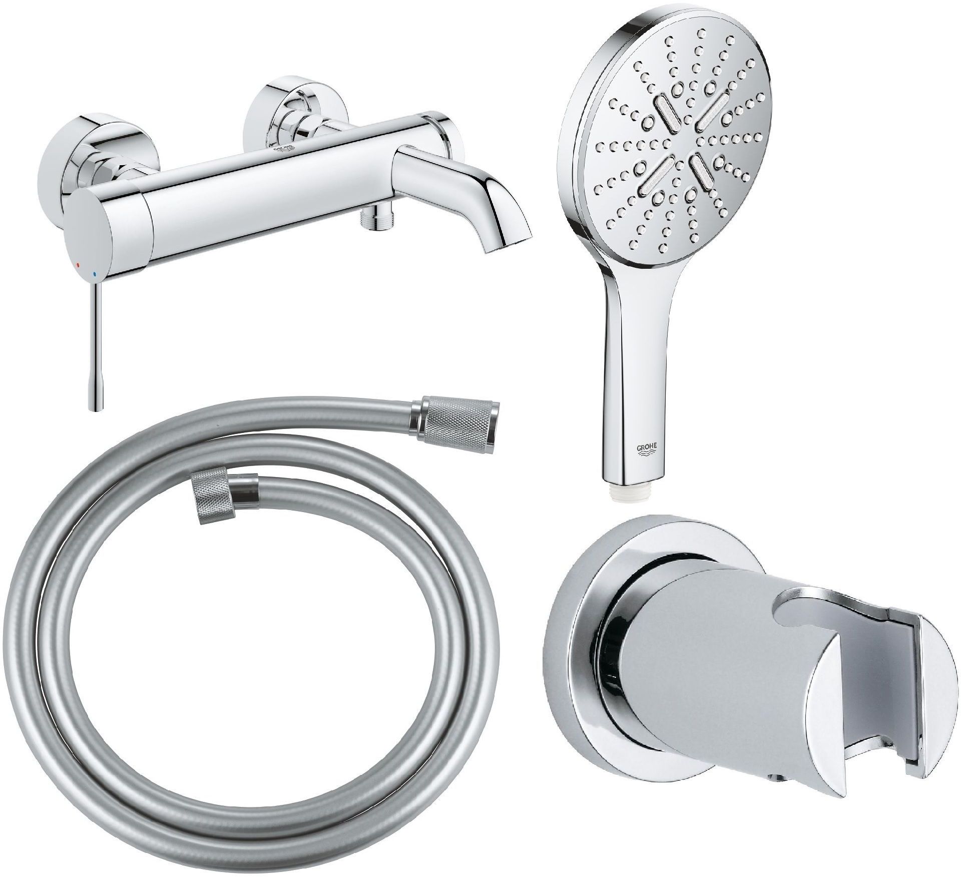 Conjunto grifo de bañera y ducha Grohe Essence 33624001, alcachofa de ducha Grohe Rainshower 26574000, 27074000, 22112000