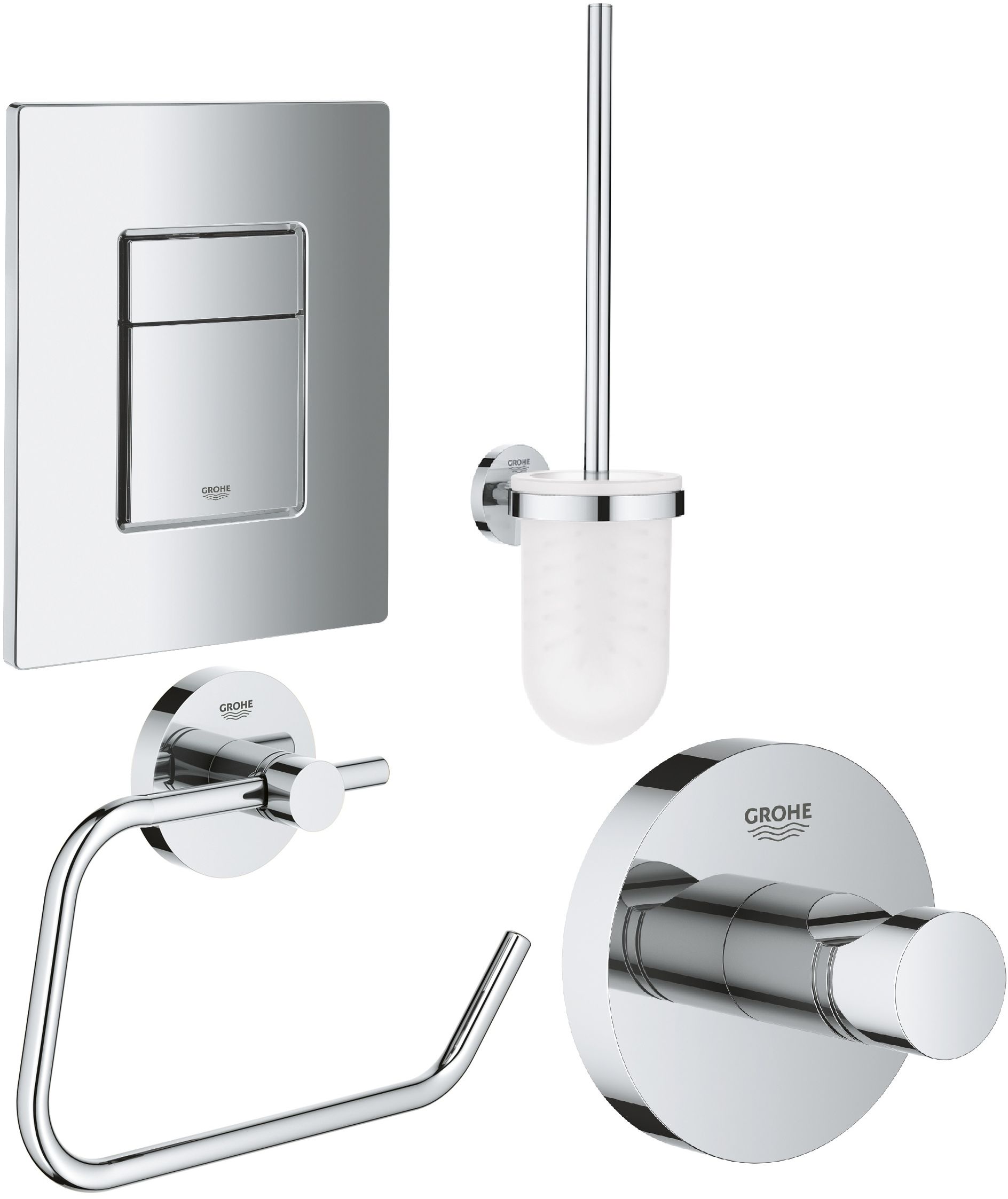 Conjunto botón de descarga Grohe Skate 38732000, escobilla de baño Grohe Essentials 40374001, 40689001, 40364001