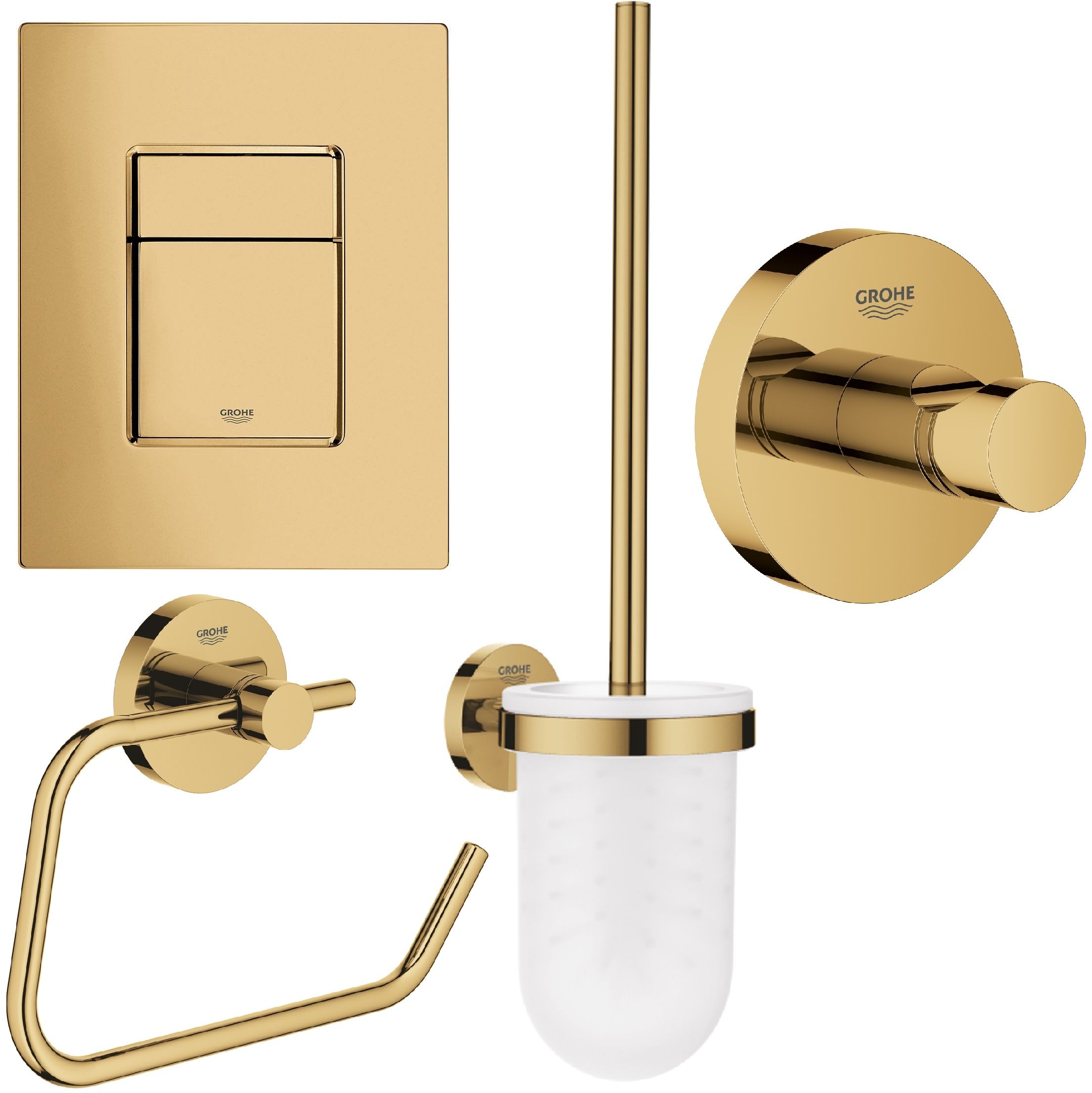 Conjunto botón de descarga Grohe Skate 38732GL0, escobilla de baño Grohe Essentials 40374GL1, 40689GL1, 40364GL1