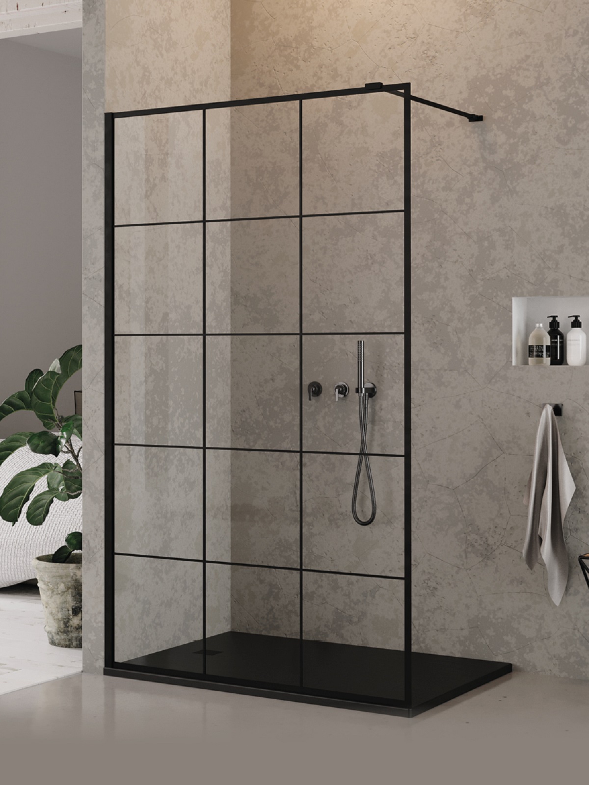 New Trendy New Modus Black mampara de ducha walk-in 70 cm negro mate/vidrio con patrón EXK-5545
