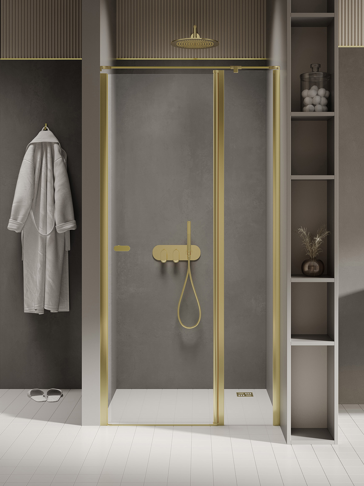 New Trendy New Soleo Light Gold puerta de ducha 90 cm oscilante oro brillante/vidrio transparente D-0482A-WK