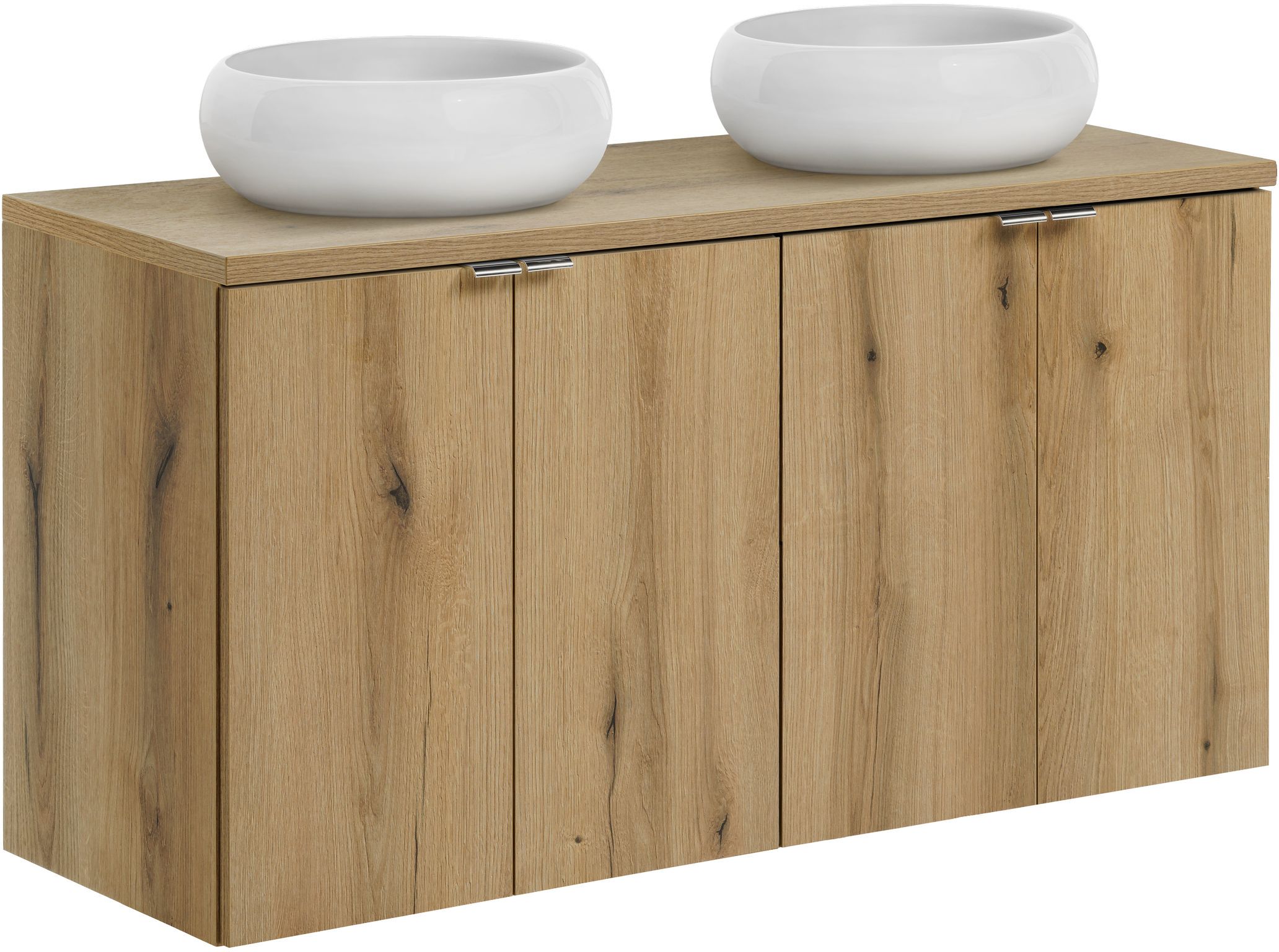 Zestaw Comad Nova Oak szafki 60 cm i 60 cm wiszące z blatem meblowym 120 cm i umywalki Wiki 36x36 cm białe SET-NOA B OAK 120CM D UN WIKI SW