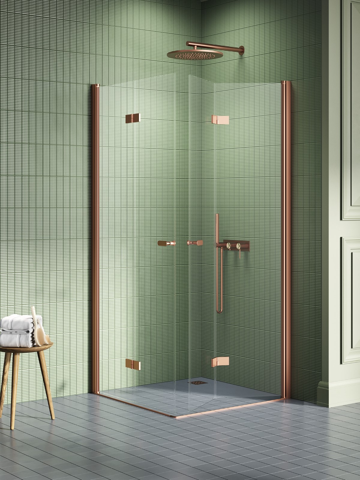 New Trendy New Soleo Copper Brushed cabina de ducha 90x70 cm rectangular cobre cepillado/vidrio transparente K-2083