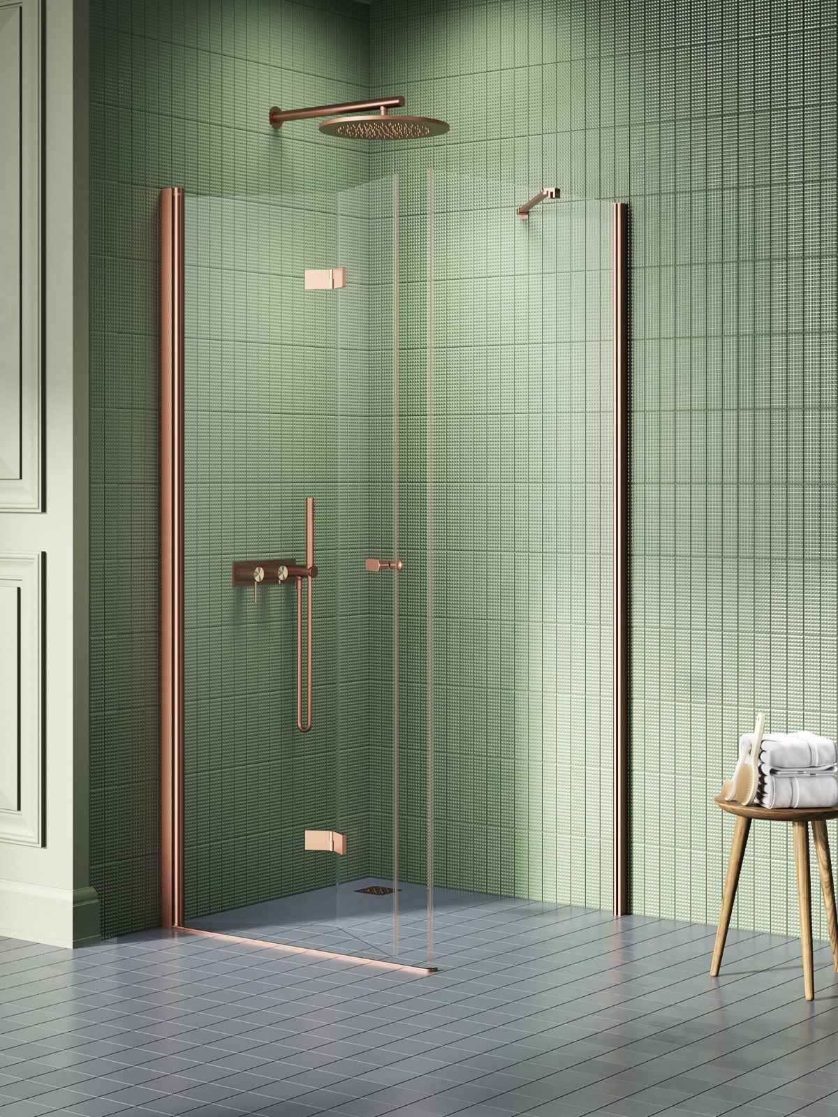 New Trendy New Soleo Copper Brushed cabina de ducha 110x90 cm rectangular cobre cepillado/vidrio transparente K-2043
