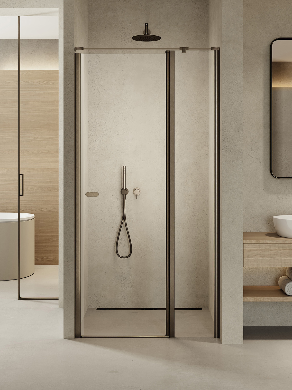 New Trendy New Soleo Gunmetal Brushed puerta de ducha 90 cm oscilante grafito cepillado/vidrio transparente D-0560A-WP