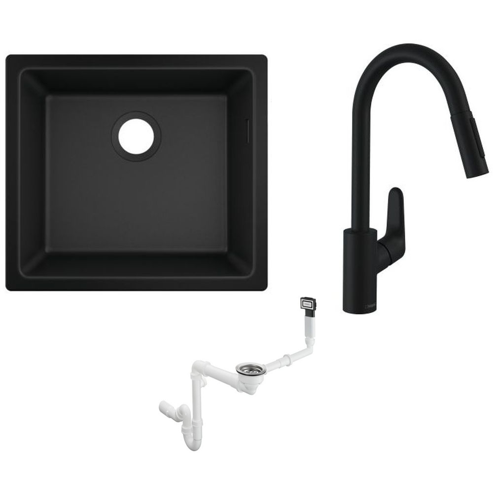 Conjunto grifo de cocina Hansgrohe Focus 31815670, fregadero de granito Hansgrohe S 51 43431170, 43927000