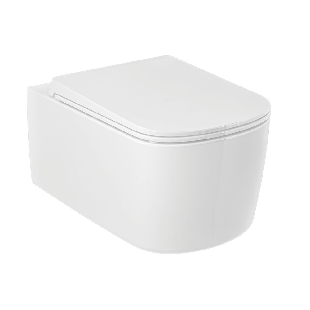 Kludi Resa S taza de inodoro con asiento de cierre suave suspendido sin reborde con descarga de remolino blanco brillante 27WCSET43