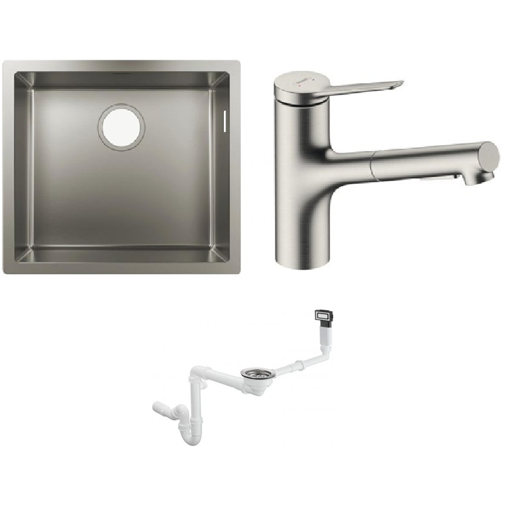 Conjunto fregadero de acero Hansgrohe S 71 43427800, grifo de cocina Hansgrohe Zesis M33 74800800, 43921800