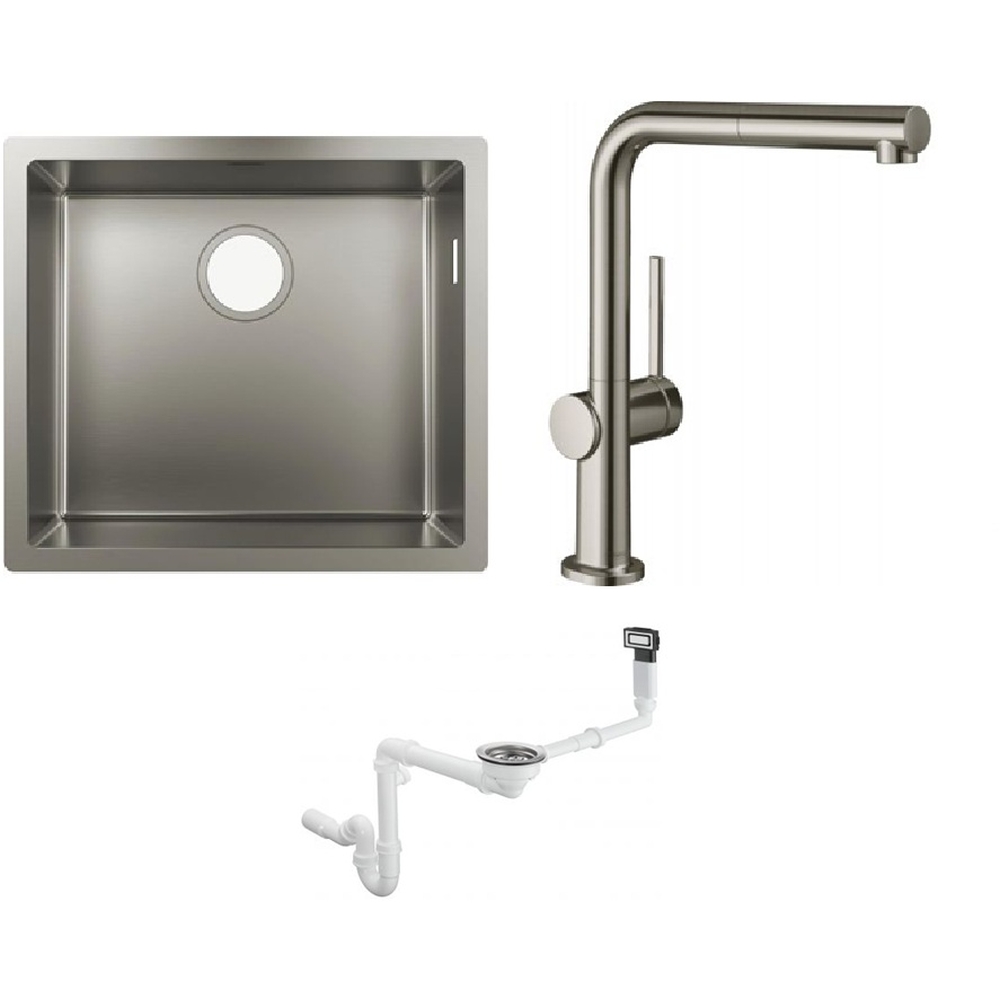 Conjunto fregadero de acero Hansgrohe S 71 43427800, grifo de cocina Hansgrohe Talis M54 72809800, 43921800