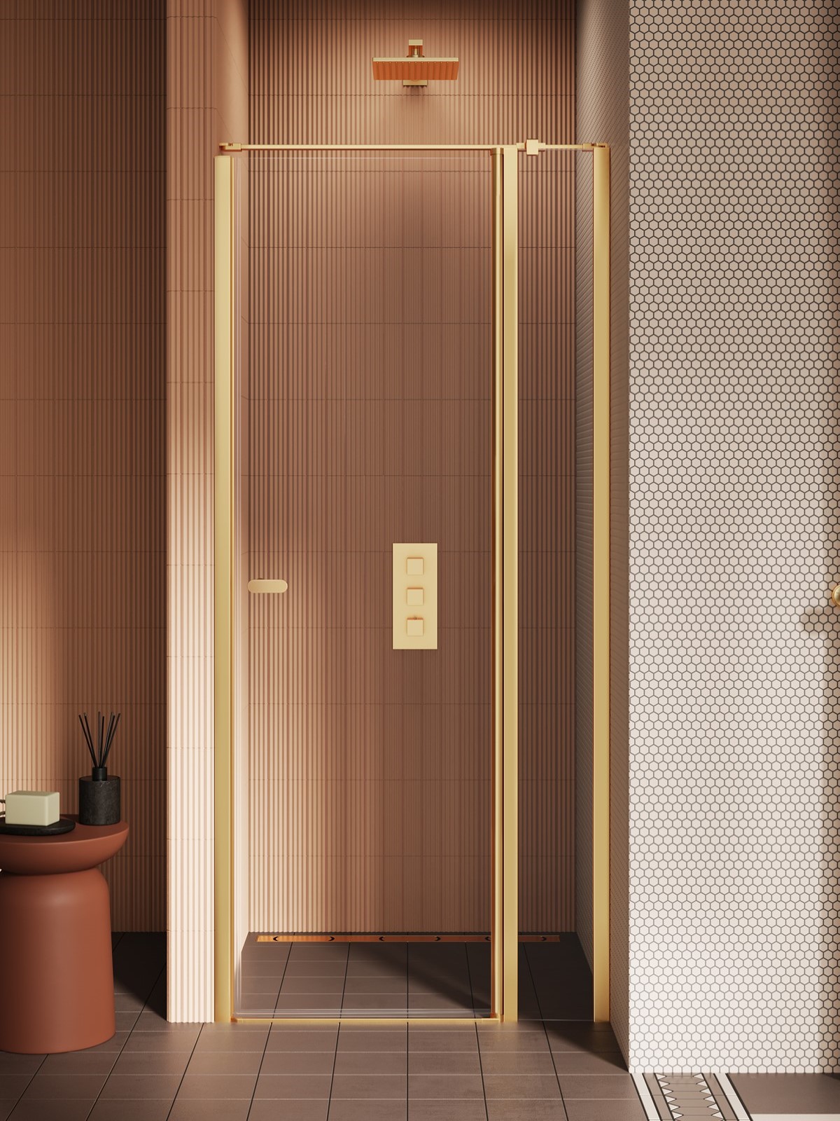 New Trendy New Soleo puerta de ducha 90 cm oscilante oro cepillado/vidrio transparente D-0771A-WK