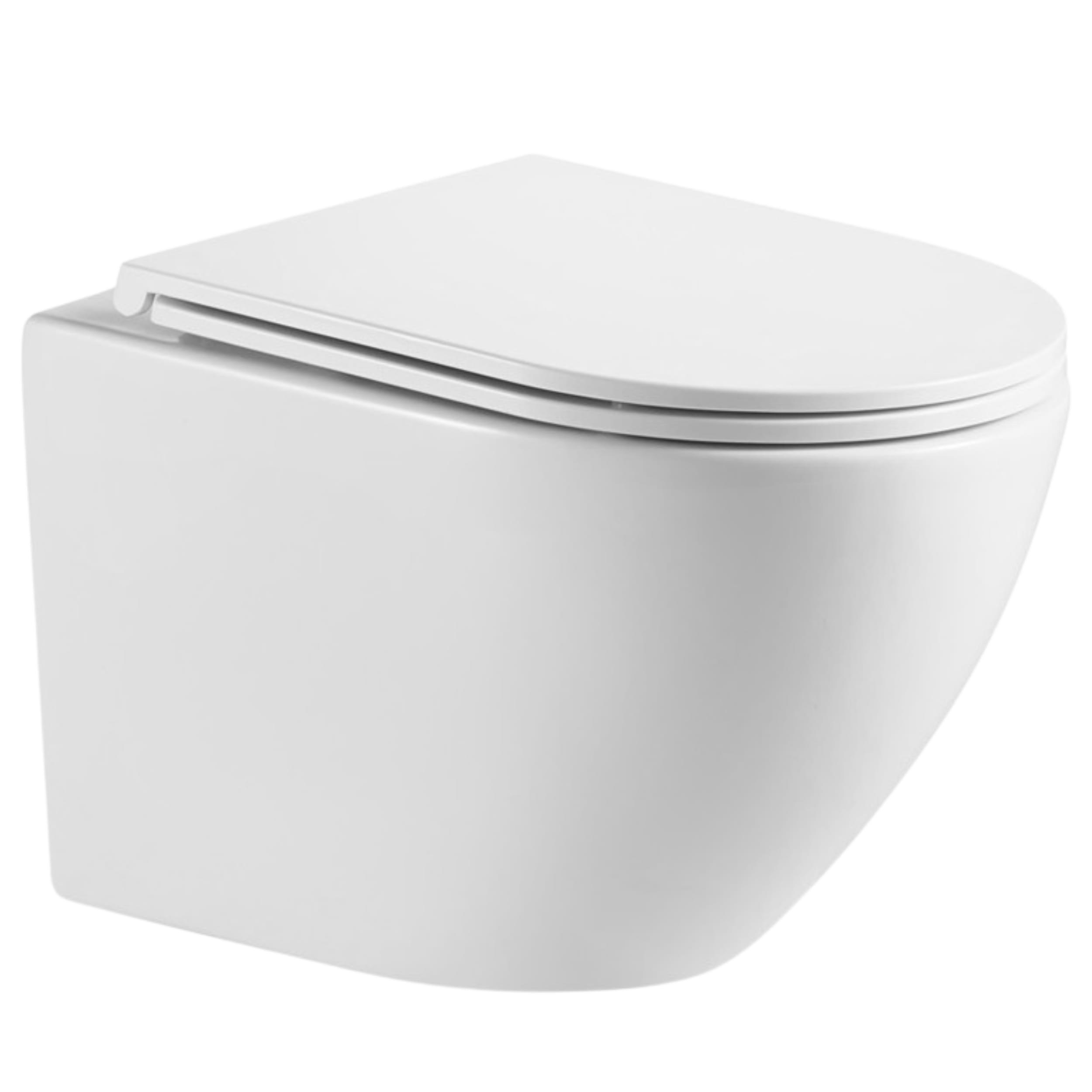 Invena Limnos taza de inodoro con asiento de cierre suave suspendido sin reborde con descarga de remolino blanco brillante CE-93-001