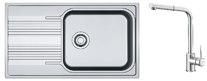 Conjunto fregadero de acero Franke Smart 101.0356.723, grifo de cocina Franke Sirius Side 115.0668.280