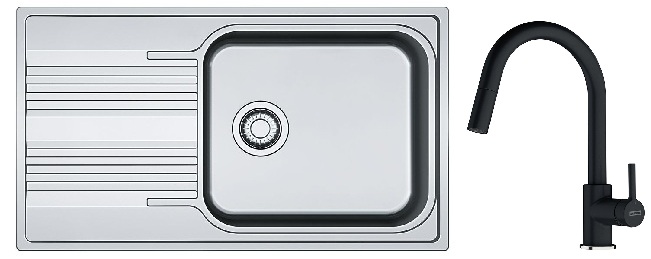 Conjunto fregadero de acero Franke Smart 101.0356.723, grifo de cocina Franke Lina 115.0626.055