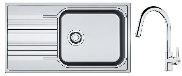 Conjunto fregadero de acero Franke Smart 101.0356.723, grifo de cocina Franke Lina 115.0693.229