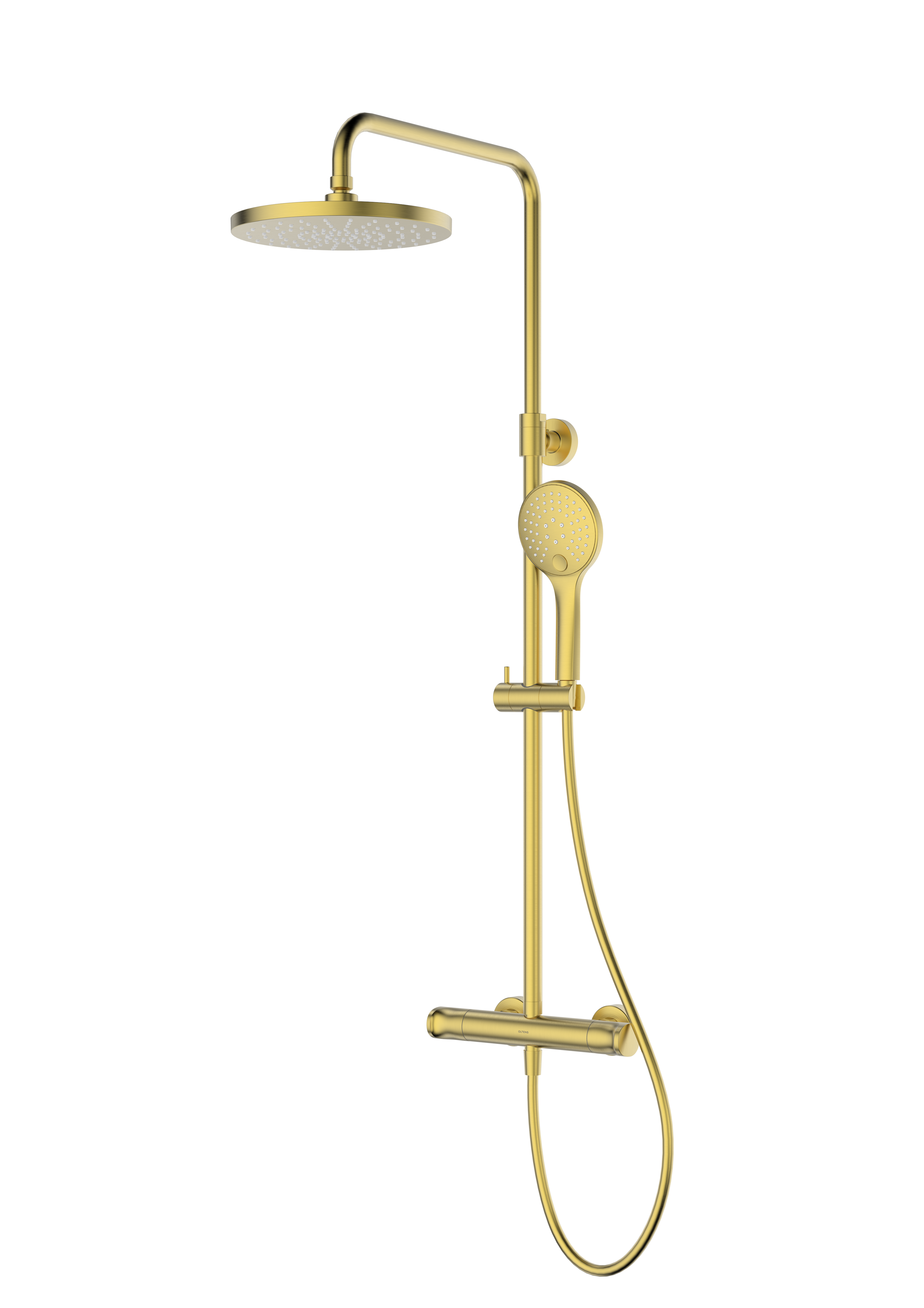 Oltens Vatten conjunto de ducha a pared con termostato con rociador con efecto lluvia oro cepillado 36505810