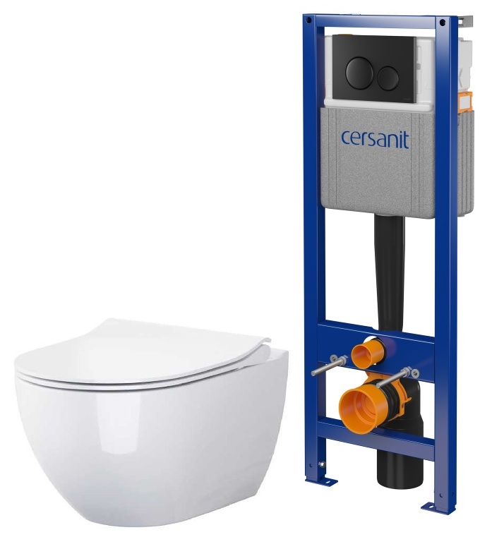Conjunto taza de inodoro con asiento de cierre suave Cersanit Zen S701-428, conjunto de marco y pulsador Cersanit S701-779