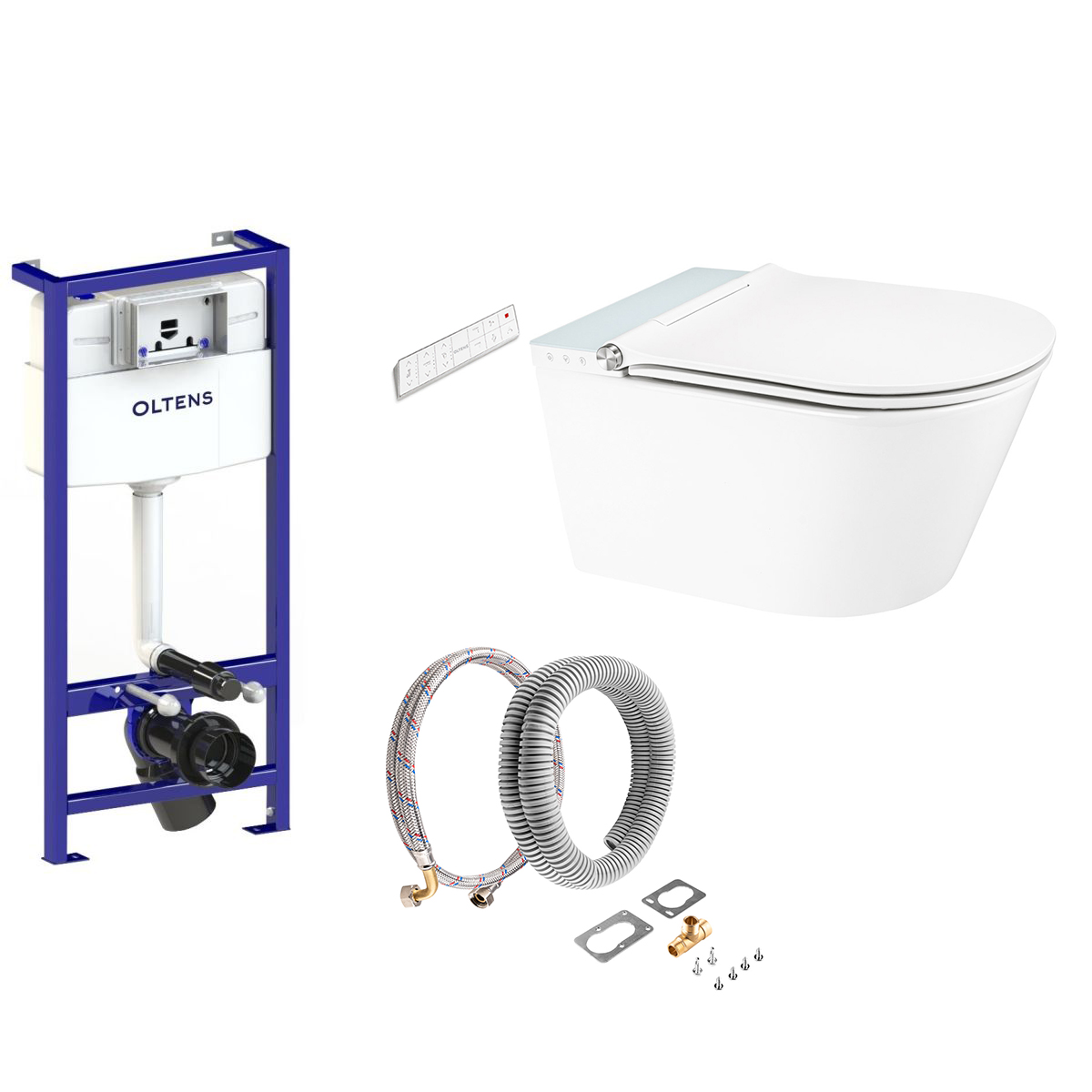 Conjunto inodoro con función de bidé Oltens SmartFrisk 42038000, marco empotrado Oltens Triberg 50001000, 59019000