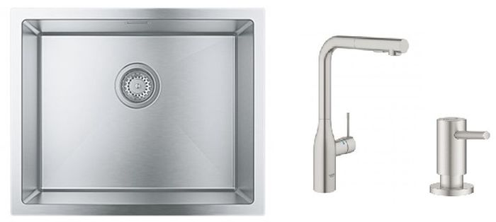 Conjunto grifo de cocina Grohe Essence 30270DC0, fregadero de acero Grohe K700 31726SD0, 40535DC0