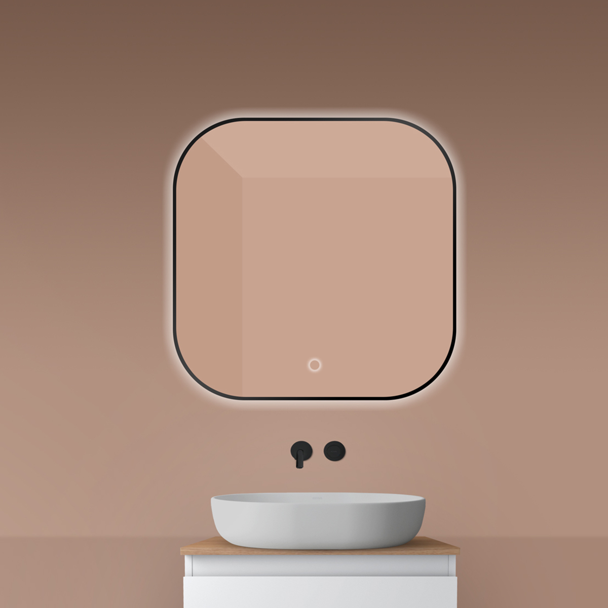 Oltens Nordlis espejo 80x80 cm cuadrada con iluminación con lámina calefactora negro 64125300