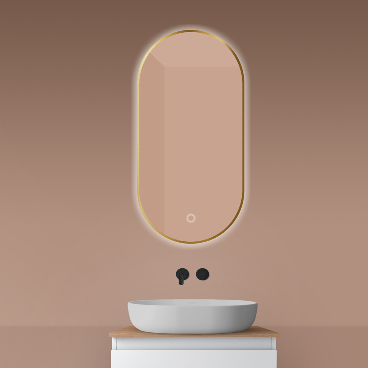 Oltens Nordlis espejo 50x100 cm oval con iluminación con lámina calefactora dorado 64129810