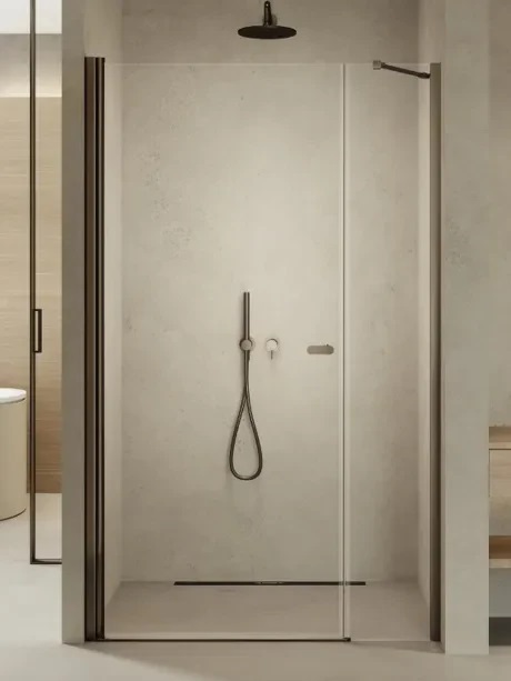 New Trendy New Soleo puerta de ducha 150 cm oscilante gris metálico cepillado/vidrio transparente D-0999A-WP