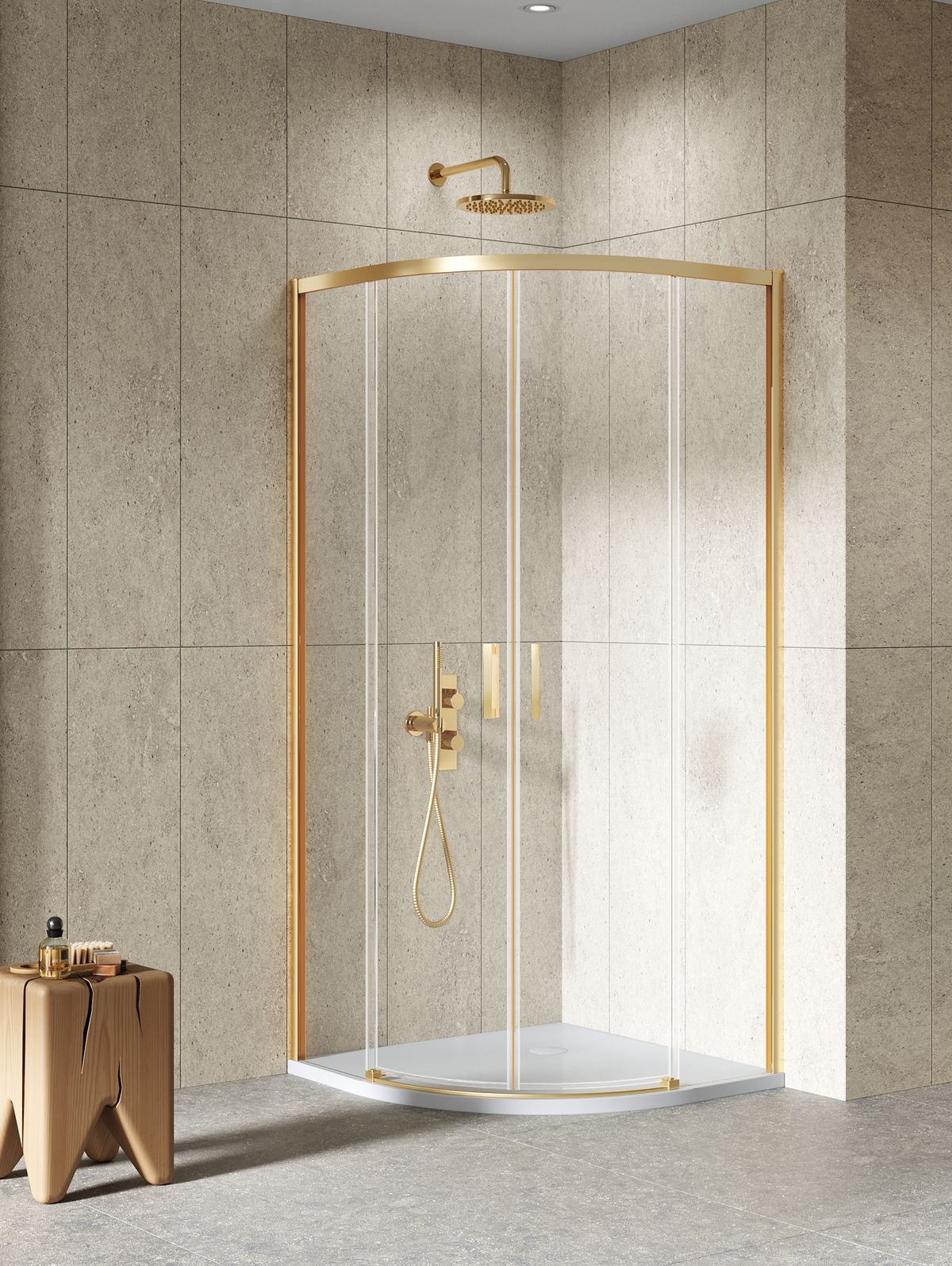 New Trendy Prime Gold Brushed cabina de ducha 90x90 cm semicircular oro cepillado/vidrio transparente K-3589