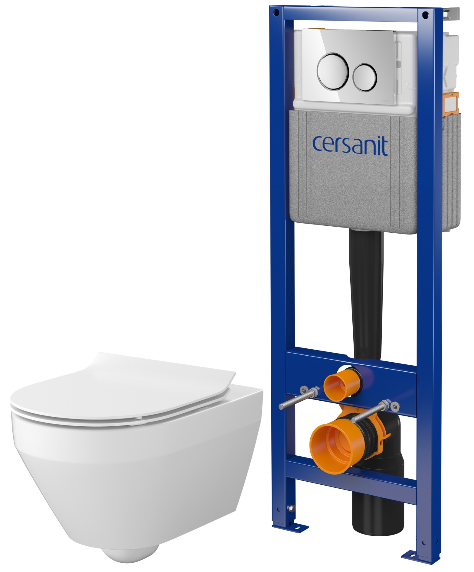 Conjunto taza de inodoro con asiento de cierre suave Cersanit Crea S701-927, conjunto de marco y pulsador Cersanit S701-778