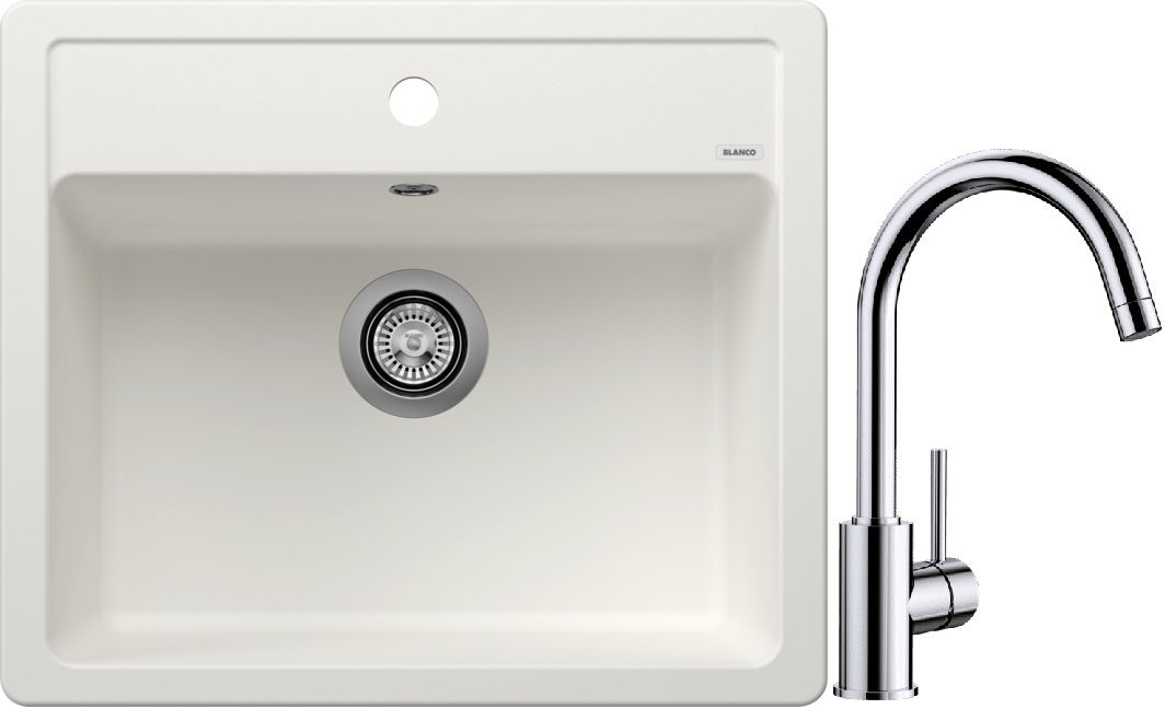 Conjunto fregadero de granito Blanco Legra 6 523334, grifo de cocina Blanco Mida 517742