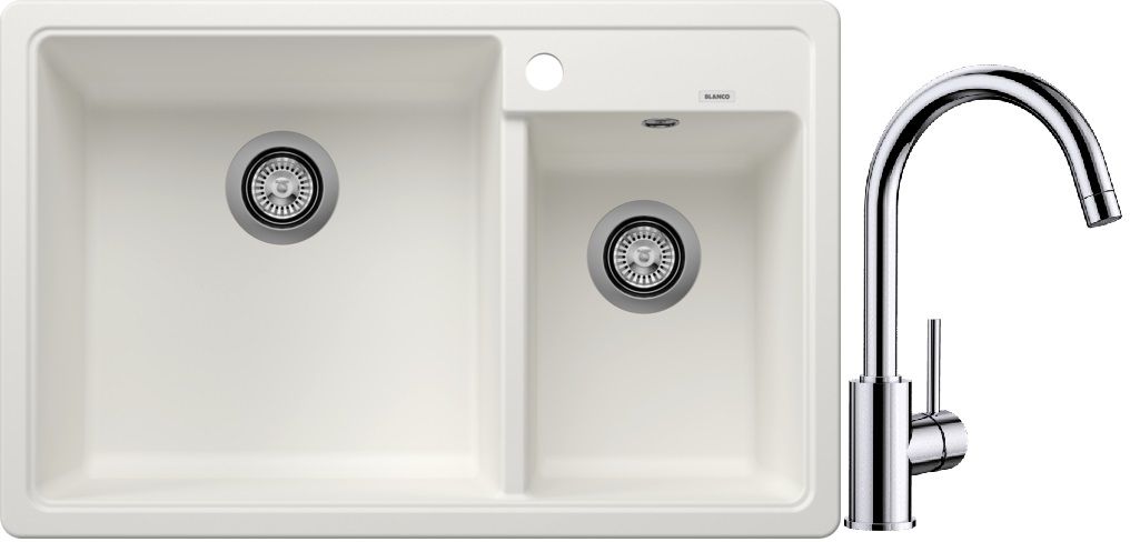 Conjunto fregadero de granito Blanco Legra 8 526226, grifo de cocina Blanco Mida 517742