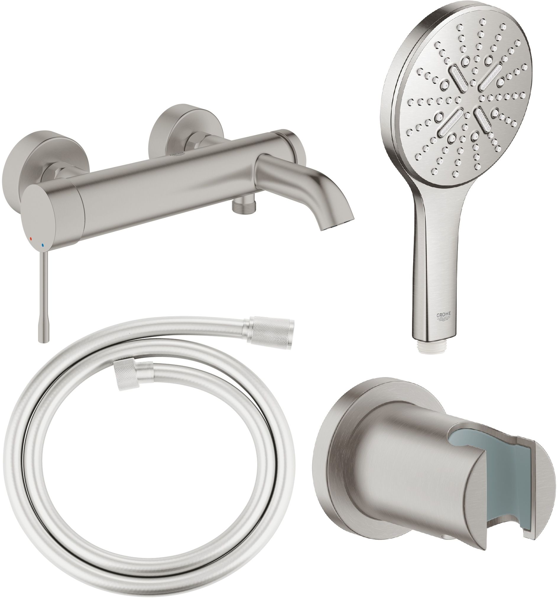 Conjunto grifo de bañera y ducha Grohe Essence 33624DC1, alcachofa de ducha Grohe Rainshower 26574DC0, 27074DC0, 28362DC1
