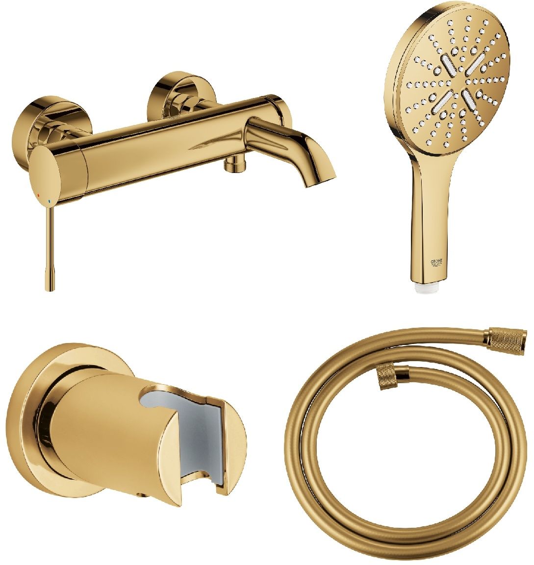 Conjunto grifo de bañera y ducha Grohe Essence 33624GL1, alcachofa de ducha Grohe Rainshower 26574GL0, 27074GL0, 28362GL1